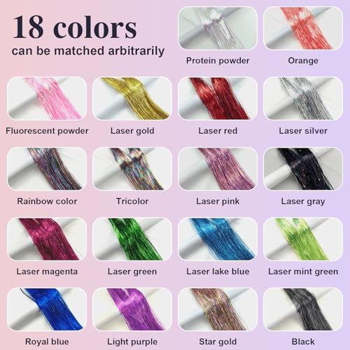 Leuceiy 18 Color 48" Hair Tinsel Kit, 5400 Strands Heat Resistant with Tool - Image 3