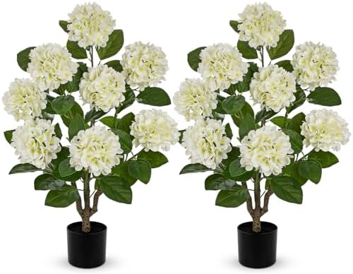 3FT White Hydrangea Artificial Flowers Tree 2 Pack Large Real Touch Faux Silk Hydrangea Plants Potted Fake Flower in Black Pot for Home Indoor Outdoor Front Porch Garden Entrance Living Room Decor by Hollyone