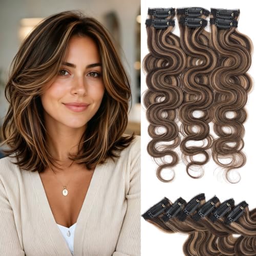 Rich Choices Short Clip In Hair Extensions Real Human Hair-Wave/Curly 6 Pcs Single Clip Hairs Extensions For Women-Mini Clips Hairpieces-12 Inch #2RP6 Chocolate Brown Highlight Light Brown by RichChoices