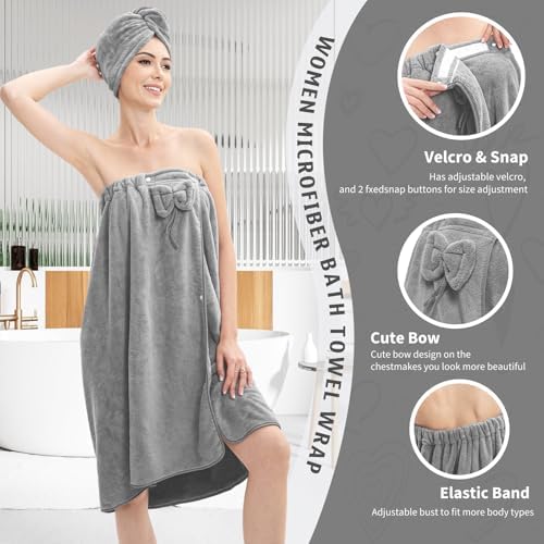 Women's Bath Towel Wrap with Hair Towel, Adjustable Soft Microfiber–Grey - Image 3