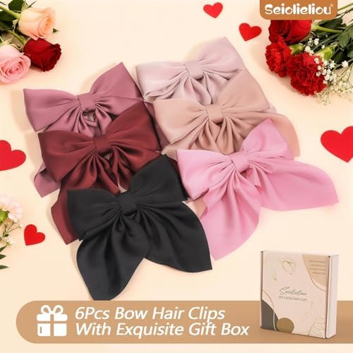 Seiolieliou 6Pcs Hair Bows for Women, Silky Satin Bow Hair Clips for Girls - Image 2