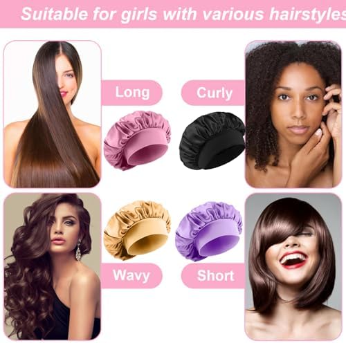 4Pcs Silk Satin Bonnets for Sleeping - Elastic Wide Band Wrap for Black Women Men,Silk Bonnets for Curly Hair Cap for Sleeping (Bean Paste Pink & Black & Purple & Brown) - Image 3