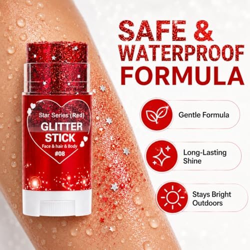 Red Hair Glitter Stick, Face Body Glitter Stick Makeup for Women Girls, School Spirit Week Game Day Cheer Football Accessories, Chunky Shimmer Sequins for Halloween Costume, Concert Festival - Image 5