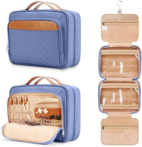 COOSKY Travel Hanging Toiletry Bag for Women, Cruise Ship Essentials, with Jewelry Organizer, Extra Large Makeup Dopp Kit, Waterproof Cosmetic Bags, Toiletries Kit Set with Trolley Belt, Blue by COOSKY