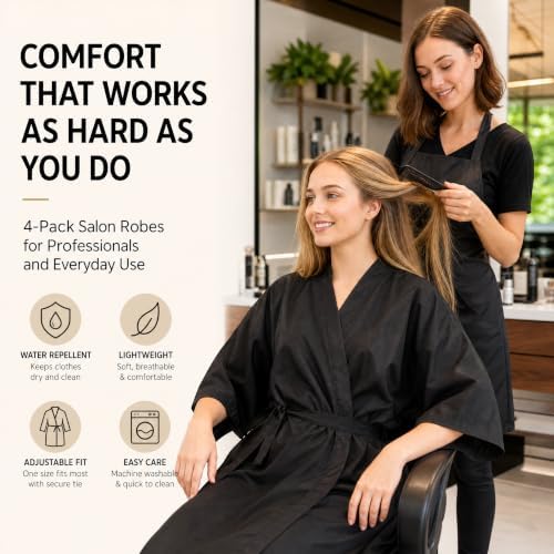WUWEOT 4 Pack Salon Client Gown Robes Cape, Waterproof Hair Dye Cape, 43 Inch Long Black Soft Kimono Style Barber Smock for Hair Stylist with Adjustable Tie to Hair Cutting, Hair Coloring - Image 3