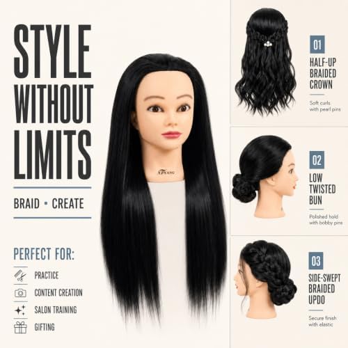 26-28 Inch Synthetic Fiber Mannequin Head for Braiding Styling Cutting Cosmetology Practice Doll with Clamp Stand for Makeup Training (Black) - Image 4