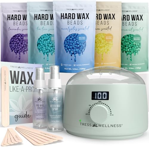 Tress Wellness Waxing Kit for Sensitive Skin – Safe for Face & Skin, Prep & Aftercare Spray, Easy to Use – At-Home Kit for Face, Bikini, Brazilian & Full Body- Digital Display, Green by TressWellness