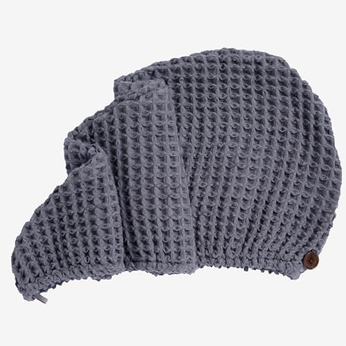 Luxury Organic Japanese Cotton Hair Drying Waffle Towel Wrap for Women | Absorbent, Quick-Dry Head Turban for Shower, Sauna, Spa | Extra Large for Long, Curly, Straight Hair With Button (Grey, 1 Pc) - Image 2