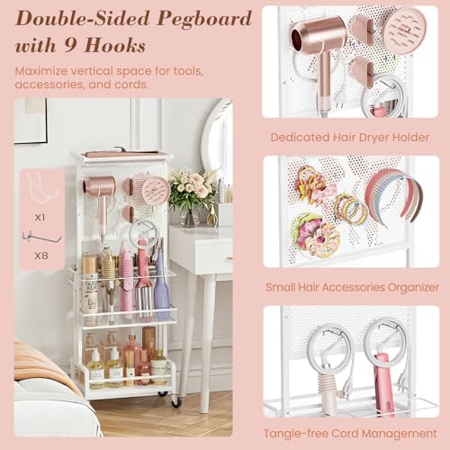 Hair Tool Organizer Cart with Hair Dryer Holder, Narrow Bathroom Storage Cart for Curling Flat Iron & Hot Tools, Slim Hair Appliance Organizer for Vanity Styling Tools, Salon Cart with Tray on Wheels - Image 4