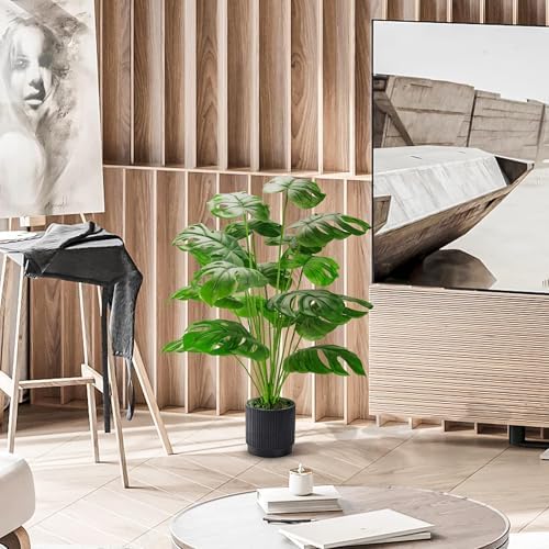 Der Rose 28" Fake Plants, Monstera Floor Plant, Black Pot for Office Decor - Image 5