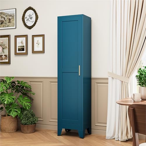 YAUWOH Narrow Metal Storage Cabinet, Tall Freestanding Cabinet with 4 Adjustable Shelves & Barn Doors, Pantry Organizer for Bathroom Kitchen Home Office Dining Room（1PC,Blue - Image 5