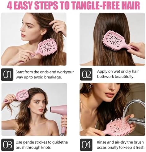 Detangler Hair Brush, Vented Paddle Brush for Wet Dry Hair, Pain-Free for Curly Straight Thick Fine Hair, Women Men Kids (pink) - Image 3