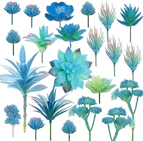 Cayway 21 PCS Artificial Succulent Plants, Blue Fake Succulent, Unpotted Faux Succulent Assortment in Flocked Blue in Different Type for Birthday Home Decor Indoor Wall Garden DIY by Cayway
