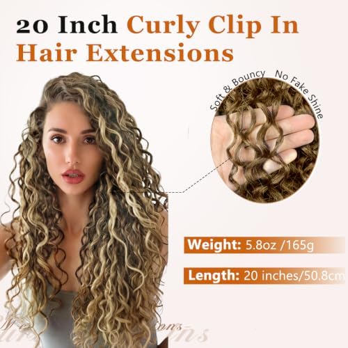 Vigorous Curly Clip In Hair Extensions,4PCS 20 inch Thick Curly Hair Extensions Lace Weft Clip Ins Invisible Natural Synthetic Hairpieces for Women,Ash Brown & Beige Blonde Highlights(130H132) - Image 2
