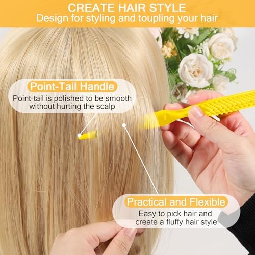 SIMPOR 3 Row Hair Comb for Natural Detangling Curly, Hair Styling Brush, Nylon Bristle Unbraider Teasing Rat Tail Comb for Women Men Yellow - Image 5