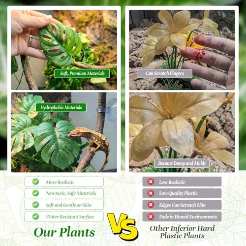 5 Pcs Reptile Plants & Habitat Decor Kit - 3 Artificial Plants & Large 5ft Jungle Vine Branch, Amphibian Habitat Hideout Tank Decorations fit Crested Gecko Leopard Lizard Chameleon Ball Python Frog - Image 5