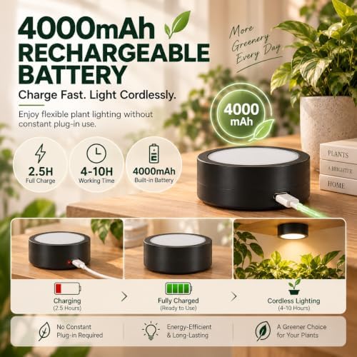 Rechargeable Grow Lights for Indoor Plants, 4000mAh Full Spectrum Wireless Magnetic Puck Grow Lights with Remote Control, Timer, Stepless Dimming and Type-C Charging for Plant Shelf (3, Pack) - Image 4