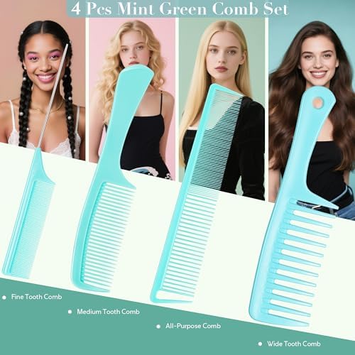 SALONSILK Mint Green 4PCS Professional Comb Set, Wide Tooth Rat Tail Fine Tooth Hair Combs, Braiding Cutting Barber Styling Curly Parting Set for Men and Women - Image 2
