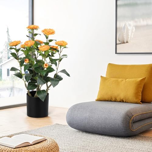 Romantic Season 2FT Orange Artificial Camellia Tree 2Pack, Faux Camellia Plant Fake Potted Camellia Flower Tree for Modern Home Office Living Room Floor Décor - Image 5