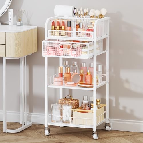 HapiRm Makeup Organizer Storage Cart - Floor Skincare Make Up Organizers with 4 Drawers, Rolling Makeup Cart Vanity Organizer Cosmetics Display Cases Holder for Skin Care Nail Polish White+Wood - Image 2