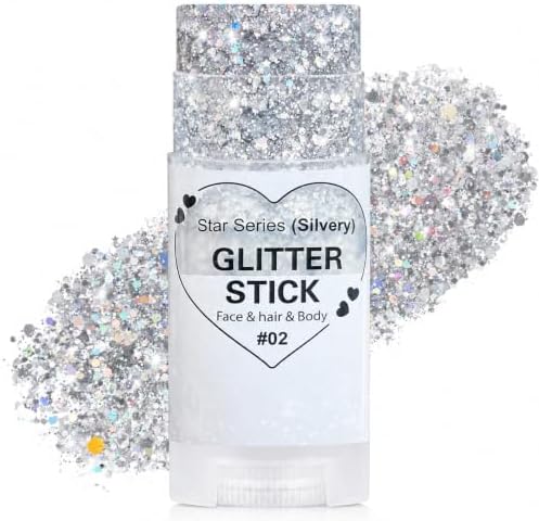 Silver Glitter Stick, Halloween Hair Face Body Glitter Makeup for Women, School Spirit Week Game Day Cheer Football Accessories, Chunky Shimmer Sequins for Rave Concert Festival, Waterproof, 0.56 oz by Yeweian
