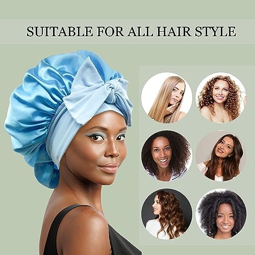 Satin Silk Hair Bonnet for Sleeping Large Bonnets with Tie Band Wrap with Adjustable Straps Night Sleep Caps for Women Curly Braid Hair Sky Blue - Image 4