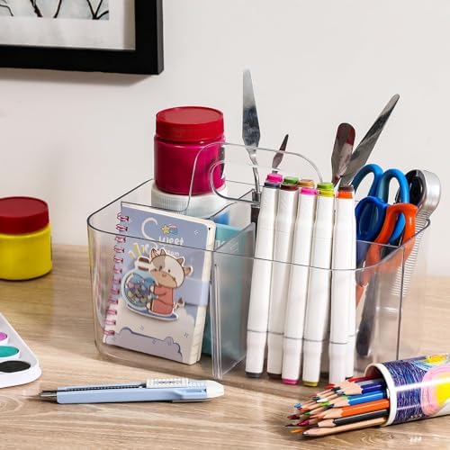 AOZITA Multiuse Caddy Organizer with Handle, Portable Divided Tote Bin - Art Craft, Stationary Pen Marker Crayons, Makeup Hair Supplies Storage - Bathroom, Classroom, Dorm, Office, Desk Holder -Clear - Image 4