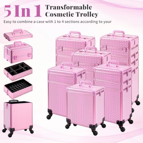 AROUS 5 in 1 Rolling Makeup Train Case with Lid Cosmetology Case on Wheels - Image 2