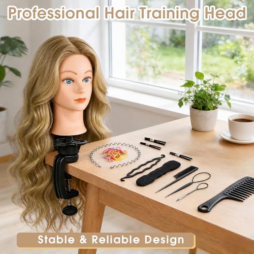Mannequin Head with 80% Real Hair, 26" Styling Training Head Cosmetology Mannequin Head, Practice Training Doll Head with Clamp Holder and Tools (Tea Brown) - Image 2