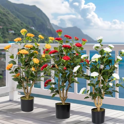 Romantic Season 2Pack Artificial Camellia Tree 3FT, White Faux Camellia Plant Fake Potted Camellia Flower Tree Plastic Camellia Tree for Modern Home Office Living Room Floor Décor Indoor - Image 5