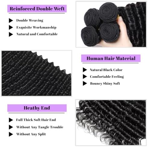Deep Wave Human Hair Bundles 12 14 16 Inch Deep Wave Bundles 100% Unprocessed Brazilian Virgin Hair 3 Bundles Curly Bundles Hair Extensions Real Human Hair Wavy Quick Weave Bundles Natural Black - Image 3