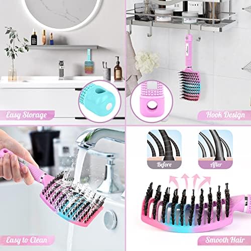 Boar Bristle Hair Brush Curved Vented Detangler Brush Faster Blow Drying, Paddle Detangling Brush for Women Men Kids Wet Dry Long Curly Thick Straight Hair, Make Hair Shiny and Healthier(Purple+Green) - Image 7