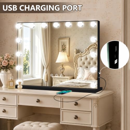 Ratsamee Black Hollywood Vanity Mirror with Lights, 15 Dimmable Bulbs, 3 Color Lights,Make Up Lighted Mirror, Aluminum Metal Frame, USB Charging Port（23" x 18"） - Image 5