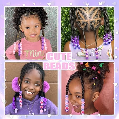NAISKA 112PCS Pink Purple Hair Beads 12 Styles Box Beads for Hair Cute Pony Bead Heart Braids Jewelry Multi-Styles Hair Accessories for Kids Girls - Image 3