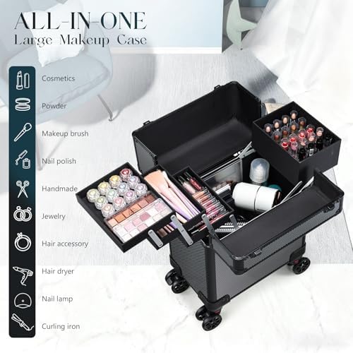 Rolling Makeup Case, Cosmetology Case on Wheels Professional Vanity Case with Trays for Women Large Travel Makeup Box Organizer Trolley with Key, Ashy Grey - Image 2