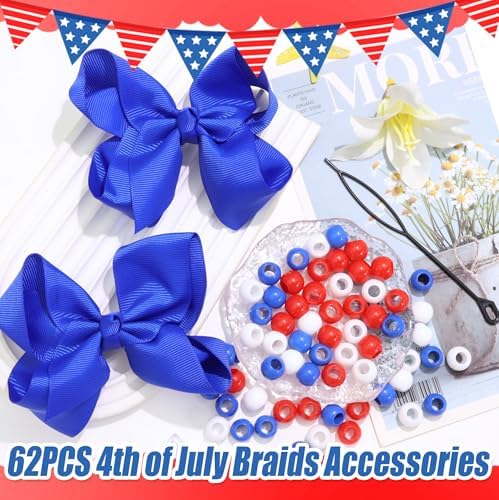 NAISKA 62PCS 4th of July Hair Beads for Braids Festival Hair Bow Clips Red White Blue Loc Beads Ribbon Bow Hair Jewelry Braids Clips with Bow Independence's Day Hair Accessories for Girls - Image 2
