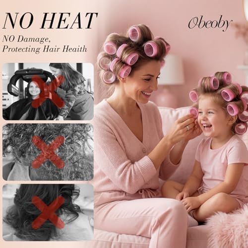 obeoby 4 Sizes Hair Rollers for Women Self-Grip Curlers Set, Pink Star - Image 6