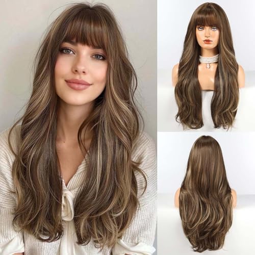 HAIRCUBE Long Brown with Blonde Highlight Wig with Bangs 22 inch Layered Curly Wigs for Women Natural Synthetic Wigs for Daily Use (wig cap:22-24 inch) by HAIRCUBE