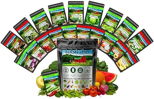 20 Vegetable Seeds Variety Pack 10,000+ Count - Essential Heirloom Garden Seeds for Planting: Non-GMO, Grown in USA; Moisture-Proof Mylar Storage, High Germination Survival Seeds for Beginners by BKMFarms