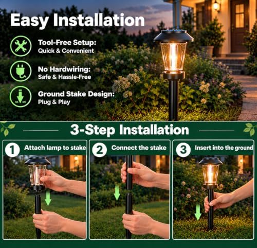 Solar Pathway Lights Outdoor, 12 Pack Warm White Tungsten Filament Solar Lights, 3 Lighting Modes, Auto On/Off, IP65 Waterproof, Dusk to Dawn Solar Garden Lights for Yard, Driveway, Lawn & Landscape - Image 6