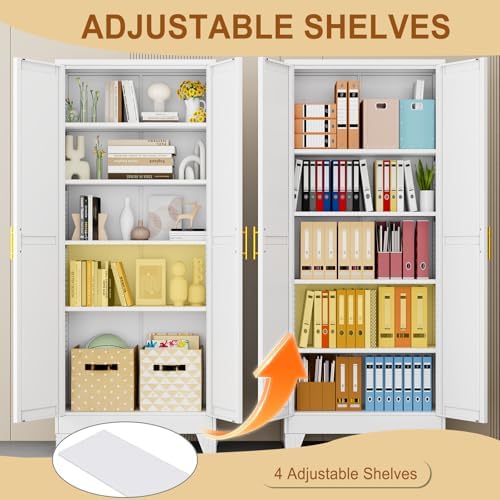 71" White Metal Storage Cabinet with 2 Doors and 4 Adjustable Shelves,Steel Garage Tool Cabinet, File Cabinet,Kitchen Pantry Cabinet for Home,Office,Garage,School,Warehouse - Image 4