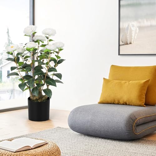 Romantic Season 2FT White Artificial Camellia Tree 2Pack, Faux Camellia Plant Fake Potted Camellia Flower Tree Plastic Camellia Tree for Modern Home Office Living Room Floor Décor - Image 5