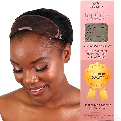 MILANO COLLECTION Glueless Top Grip for Hair Topper & Wiglets, Adjustable Translucent Strap with Side Openings, Top Headband for Your Wig or Topper, Includes Clips, Brown, Large by MILANOCOLLECTION