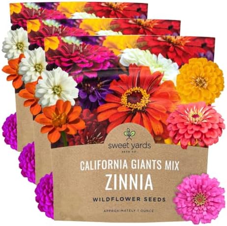 Zinnia Seeds - California Giants Mix - Large 1 Ounce Packet - 3,000 Flower Seeds - Mixed Colors and Large Blooms (Pack of 3) by SweetYards