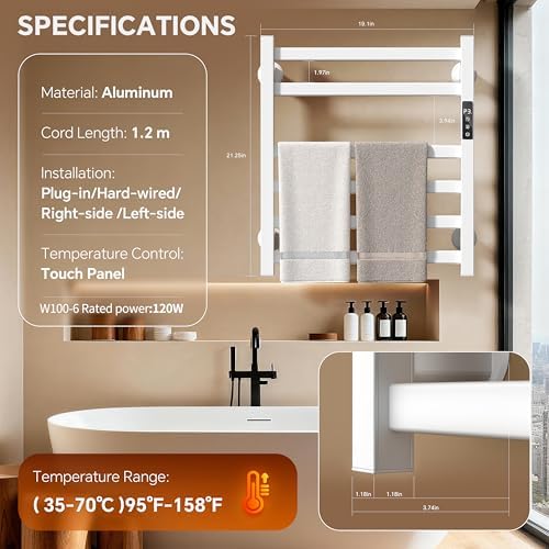 Electric Towel Warmer Wall Mounted, Heated Towel Rack with Intelligent Timer & Temperature Control, Plug-in or Hardwired, Left/Right Compatible, 21 Inch, White - Image 4