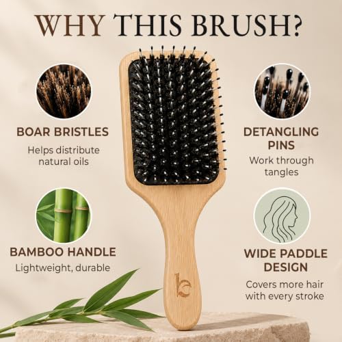 Boar Bristle Paddle Brush for Long & Thick Hair, Works on Dry & Wet Hair - Image 3