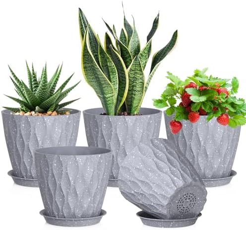 Meowell 7 inch Plant Pots for Indoor Outdoor Plants, 5 Pack Thick Flower Pots with Drainage Holes and Saucers, 3D Modern Wave Texture Plastic Planter Nursery Pots, Speckled Grey by Meowell