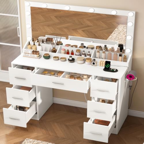 FIONESO Vanity with Large Mirror and 12 LED Lights, Vanity Desk with 7 Drawers & Hairdryer Holder, Makeup Vanity Desk with Charging Station for Women, Girls, 3 Lighting Color Adjustable, White - Image 3