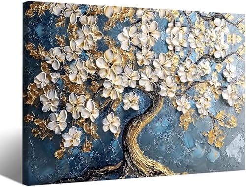 EEYNAQQ Tree of Life Canvas Wall Art, 16x24 In Blue Gold Textured Painting by Unknown