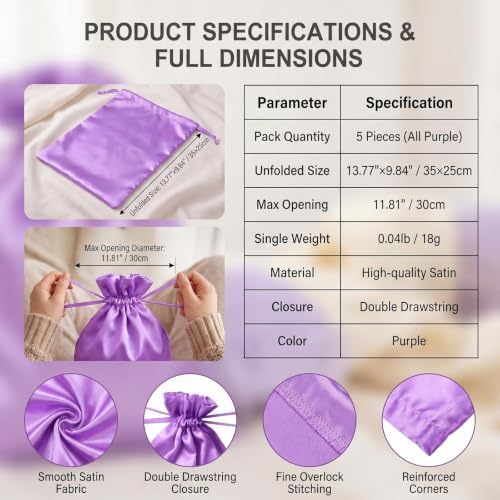 UPSTORE 5Pcs Satin Wig Storage Bags, Drawstring Silk Pouches for Hair - Image 2